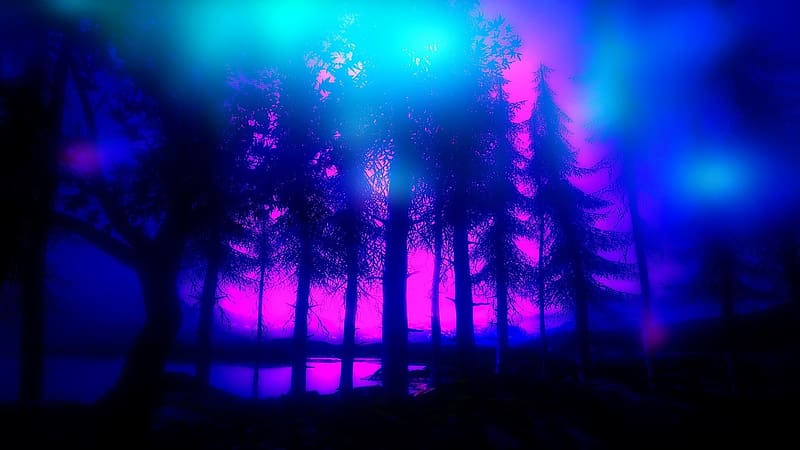 Colored forest, fak, tavacska, szines, erdo, lila, kek, HD wallpaper