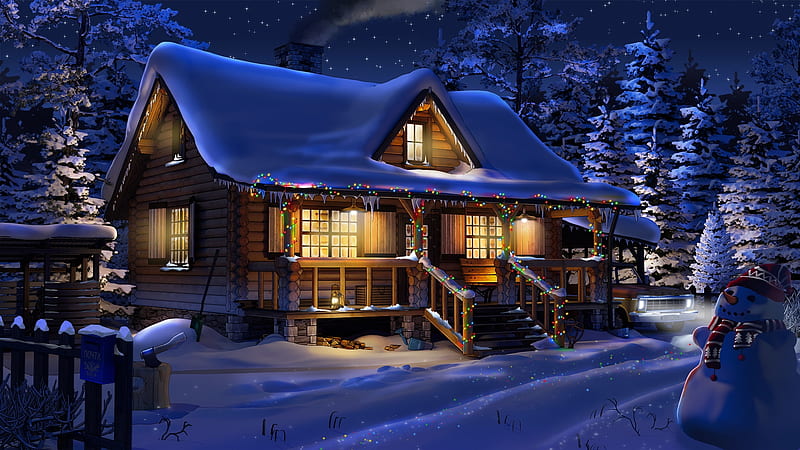 Christmas house in forest, christmas, snow, home, snowman, lights, winter, forest, house, bonito, wooden, night, HD wallpaper