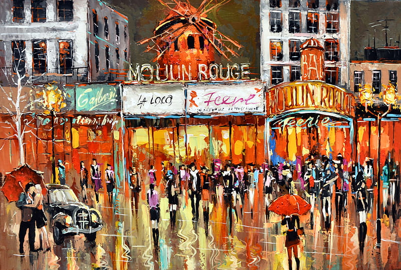 Moulin Rouge, architecture, art, cityscape, France, bonito, artwork, Paris, painting, wide screen, scenery, HD wallpaper