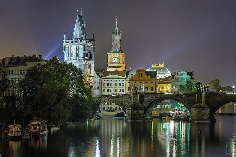 Prague at Night, moldova, czech republic, charles bridge, buildings, river, reflection, lights, HD wallpaper