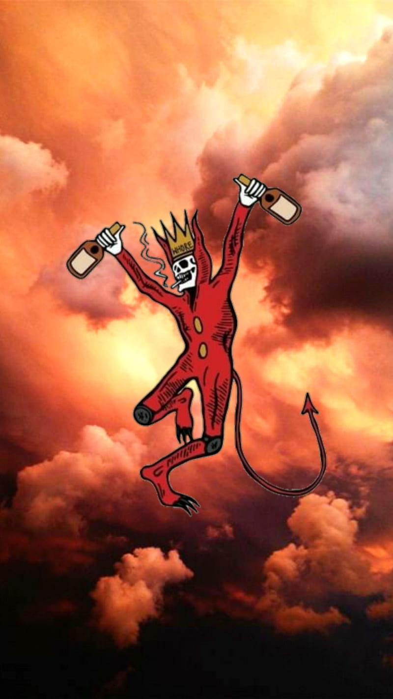Dancing Devil, clouds, cool, drinking, happy, odd, red, sky, HD phone wallpaper