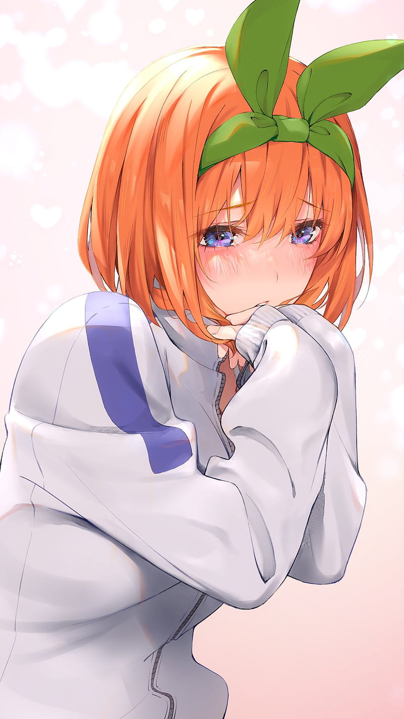 5-toubun no Hanayome, short hair, redhead, bangs, anime girls, white jacket, touching hair, hair ribbon, gradient, JK, blue eyes, embarrassed, hair in face, pink background, Nakano Yotsuba, pink nails, 2D, anime, shiny hair, vertical, looking at viewer, fan art, parted lips, blushing, Masato K, HD phone wallpaper