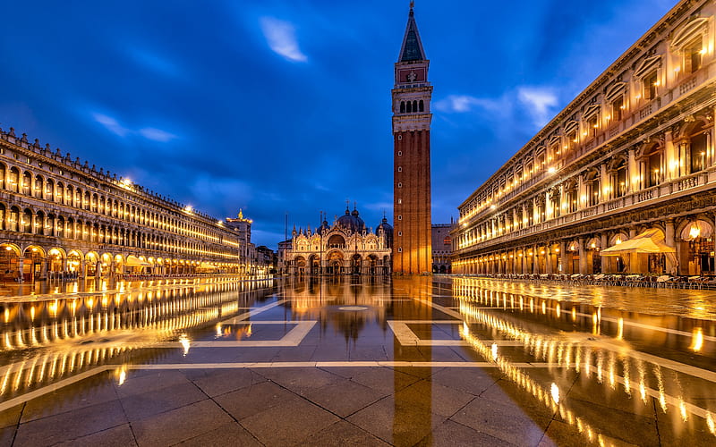 Venice, Piazza San Marco, Italy, St Marks Campanile, bell tower, Basilica, St Marks Square, evening, sunset, HD wallpaper