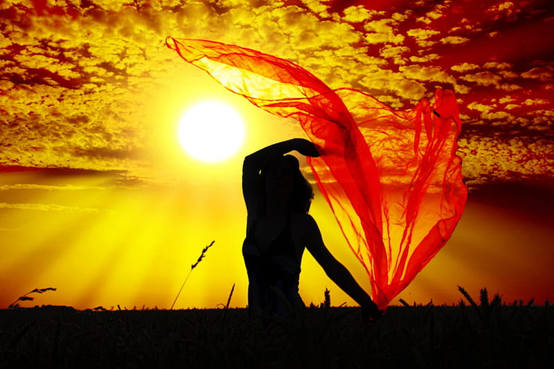 Sunset Silhouette, red, female, sun, orange, shine, sunset, sky, woman, clouds, rays, people, tulle, light, HD wallpaper