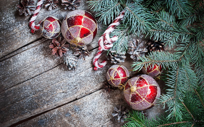 Christmas tree, xmas balls, wooden background, Christmas, Xmas, Happy New Year, HD wallpaper