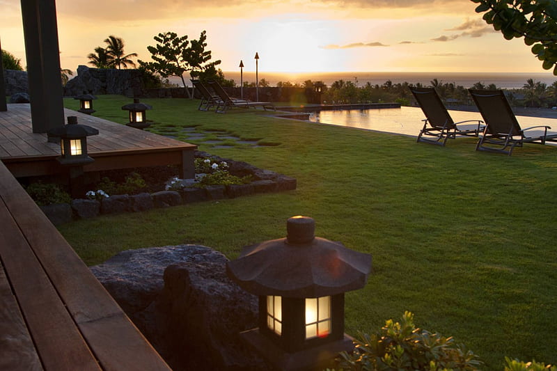 Beautiful SunSet on Kauai Hawaii, polynesia, sun, dusk, bonito, sunset, villa, sea, sunrise, evening, swimming, luxury, exotic, islands, horizon, view, ocean, hawaii, pacific, peace, pool, set, lake, water, paradise, gardens, island, tropical, kauai, HD wallpaper