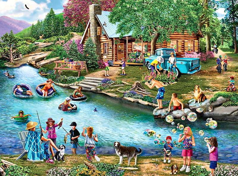 Summer Outing F1, art, cottage, children, bonito, cabin, artwork, little girl, painting, wide screen, river, scenery, swimming, landscape, HD wallpaper