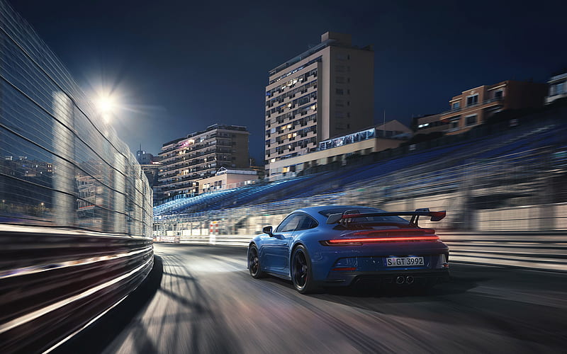 2022, Porsche 911 GT3, rear view, exterior, blue racing car, new blue 911 GT3, german sports cars, Porsche, HD wallpaper