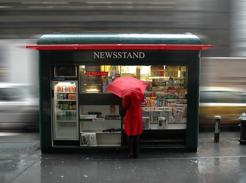 newsstand, umbrella, red, rainy day, HD wallpaper