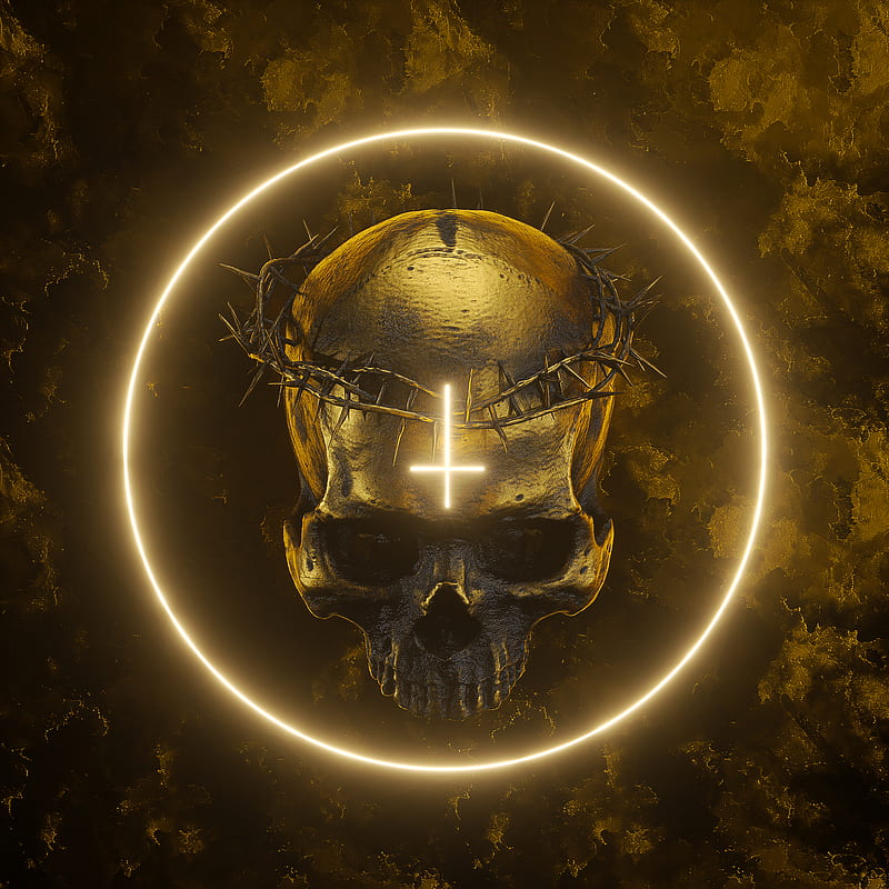 billelis, skull, cult, gold, 3D, artwork, digital, HD phone wallpaper
