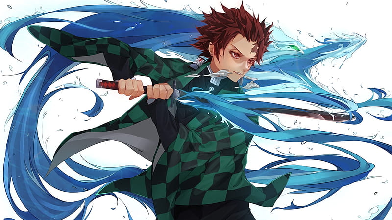 Demon Slayer Tanjiro Kamado Wearing Black And Green Checked Dress With Sword With Background Of Blue And White Abstract Anime, HD wallpaper