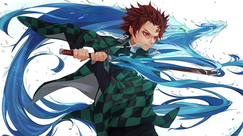 Demon Slayer Tanjiro Kamado Wearing Black And Green Checked Dress With Sword With Background Of Blue And White Abstract Anime Hd Wallpaper Peakpx