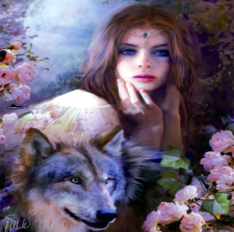 Girl and Wolf, painting, flowers, artwork, friends, HD wallpaper | Peakpx