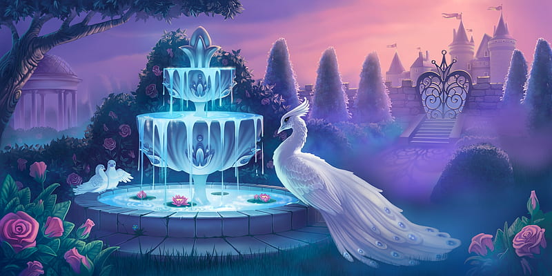 Royal magic garden, garden, pasari, maria kravchenina, fountain, luminos, white peacock, water, fantasy, bird, paun, pink, blue, HD wallpaper
