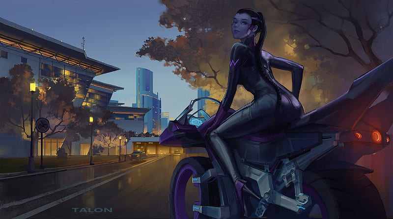 Urban City On Bike Widowmaker, widowmaker, overwatch, games, artwork, digital-art, artist, artstation, HD wallpaper
