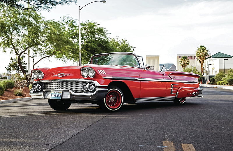 1958-Chevrolet-Impala-Convertible, Classic, Red, GM, Lowrider, HD wallpaper