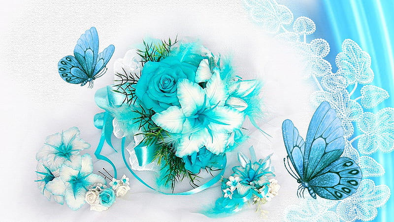 Aquamarine Floral, flowers, lace, butterflies, roses, cyan, butterfly, airy, papillon, aqua, flowers, lily, light, HD wallpaper