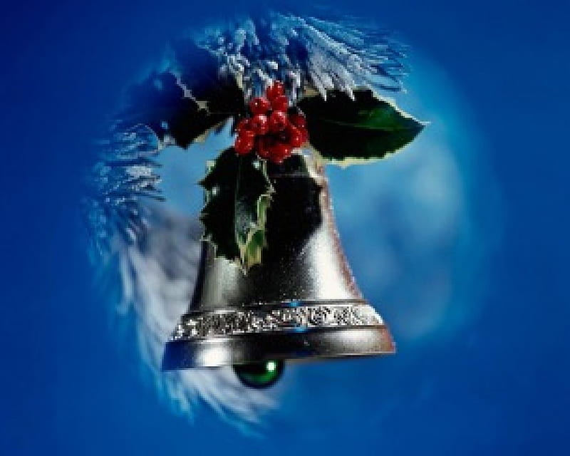 christmas bell, snow, chrismas, holly, bell, silver, xmas, HD wallpaper