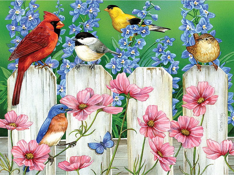 Picket Fence Pals, chickadee, painting, garden, blossoms, birds, flowers, finch, cardinal, HD wallpaper