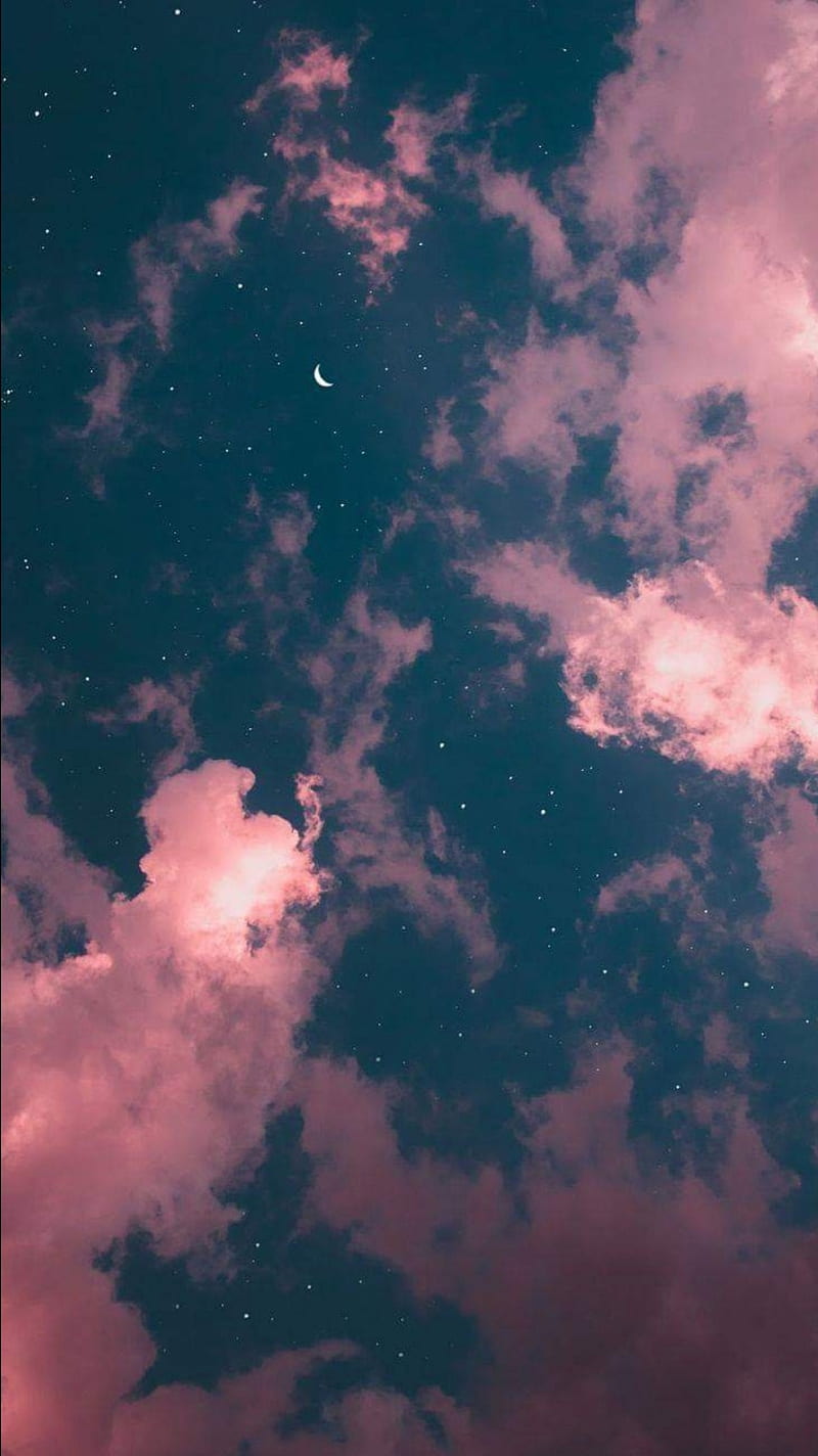 Starry sky, bonito, clouds, moon, pink, stars, HD phone wallpaper | Peakpx
