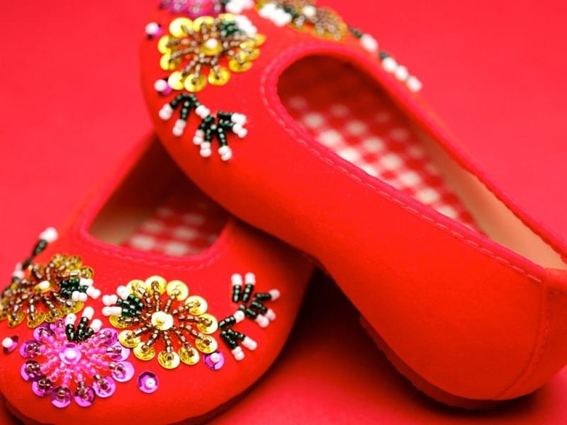 chinese shoes, red, flats, shoes, sequins, HD wallpaper