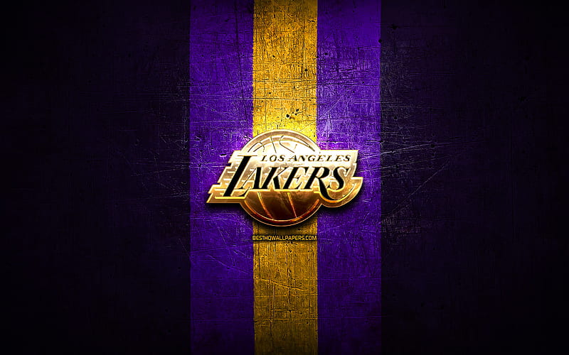 Los Angeles Lakers, golden logo, NBA, violet metal background, american basketball club, Los Angeles Lakers logo, basketball, USA, LA Lakers, HD wallpaper