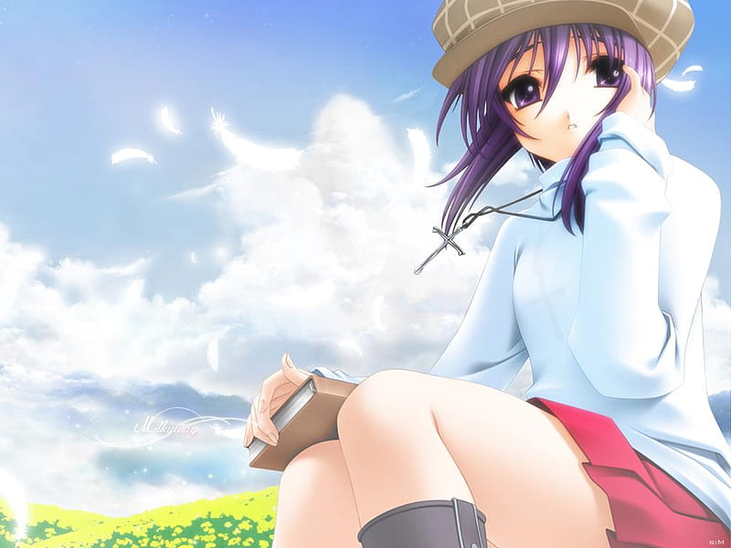 Windy Day, grass, wind, anime, book, clouds, sky, blue, feathers, HD wallpaper