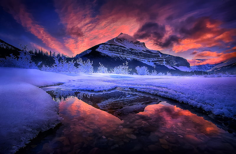 Winter Vibrance, bold, painted, sky, winter, mountain, snow, dark, reflections, pink, airbrushed, night, HD wallpaper