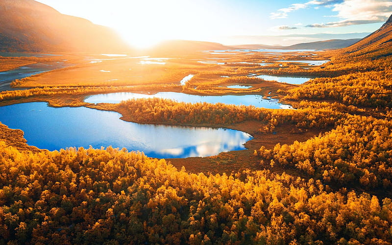 Sunrise in Swedish Lapland, trees, forest, fall, sun, colors, ponds, sky, HD wallpaper