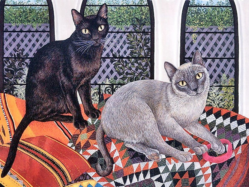 Kitten at home * Mimi Vang Olsen, painting mimi vang olsen, art, window, cat, kitten, animal, HD wallpaper
