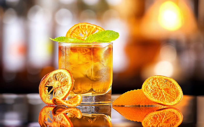 Orange mojito, orange cocktail, mint, glass with Orange mojito, different drinks, oranges, HD wallpaper