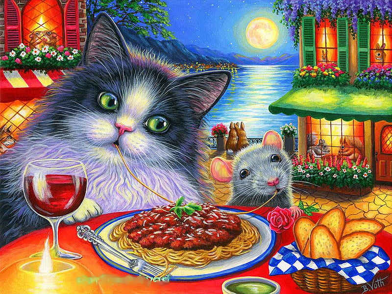 That's Amore, artwork, table, painting, mouse, house, cat, food, wine, HD wallpaper