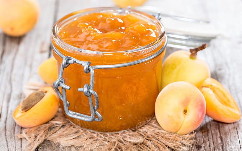 apricot jam, fruit jam, apricots, orange jam, jam jars, HD wallpaper