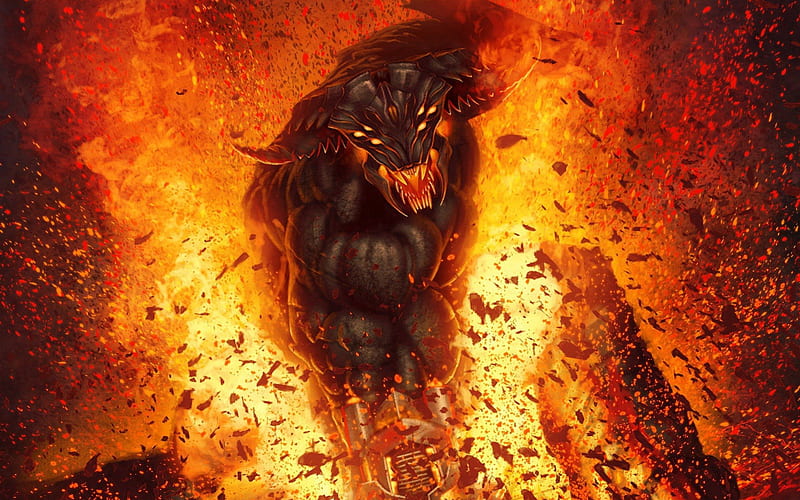 Demon, fire, fantasy, monter, fight, abstract, horns, HD wallpaper