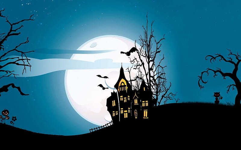Happy Halloween!, house, moon, luminos, halloween, black, fantasy, moon, bat, white, blue, HD wallpaper