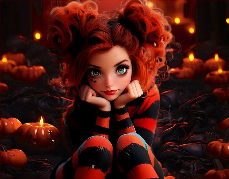Colorful Halloween, lights, bright, redhead, girl, orange, colorful, black, vibrant, pumpkins, costume, vivid, bold, HD wallpaper