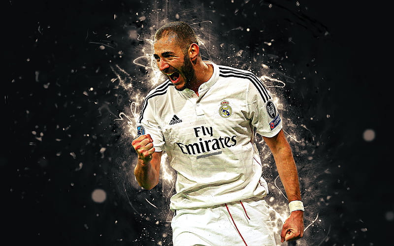 Karim Benzema football stars, neon lights, Real Madrid, soccer, Benzema, fan art, La Liga, footballers, HD wallpaper