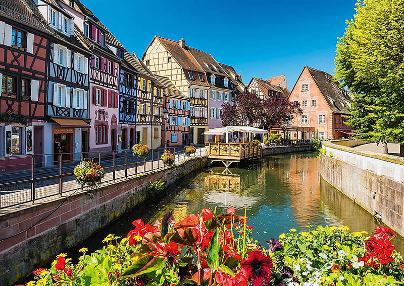 Colmar, France, flowers, restaurant, canal, town, sky, HD wallpaper