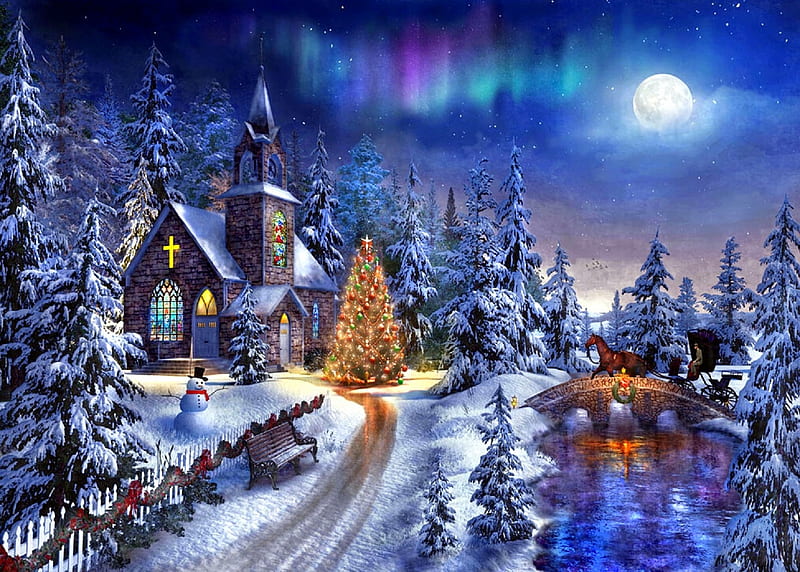 Midnight Church, moons, Christmas, villages, Christmas tree, holidays, bridges, love four seasons, horse carriage, snowman, winter, xmas and new year, paintings, snow, churches, rivers, HD wallpaper