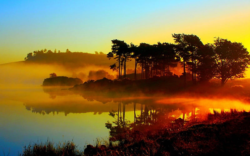 LAKE SIDE DUSK, nature, sunset, trees, lake, fog, HD wallpaper | Peakpx