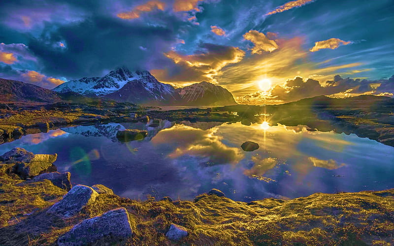 Lofoten, Norway, clouds, sea, mountains, sun, sunset, sky, HD wallpaper