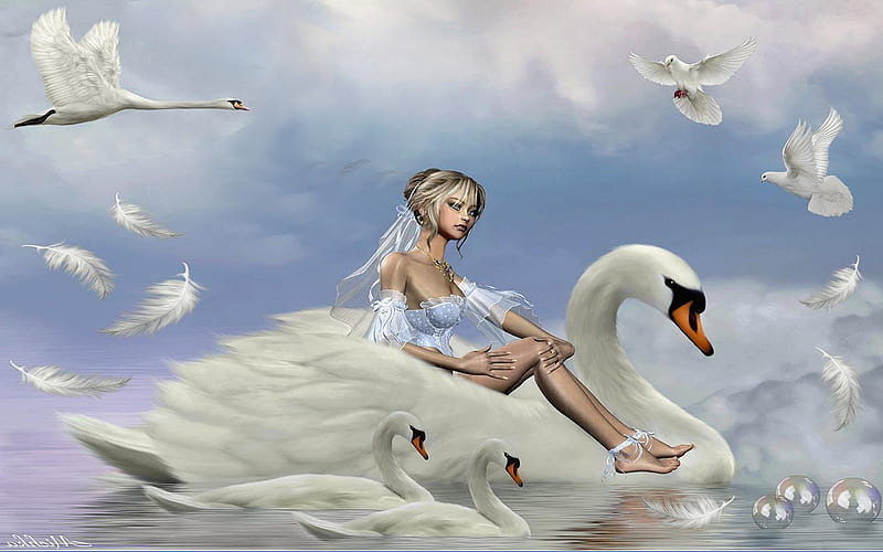 Fantasy With Swans Luminos Pasare Creative Swan Fantasy Water Girl Bird Hd Wallpaper