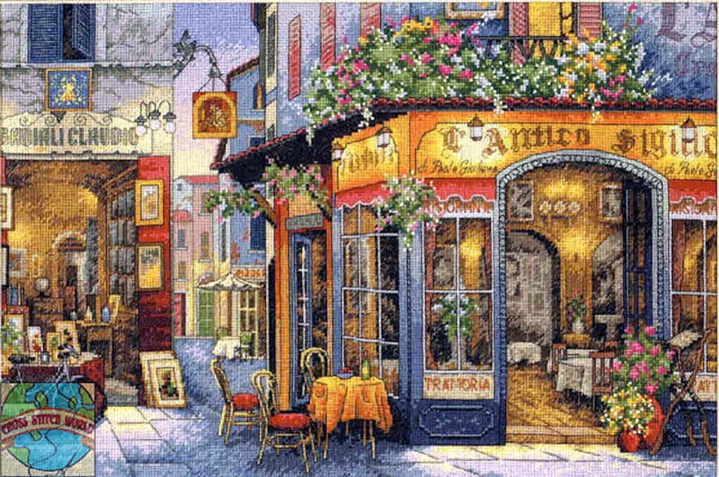 European Bistro, architecture, table, Europe, Italy, painting, bistro, HD wallpaper