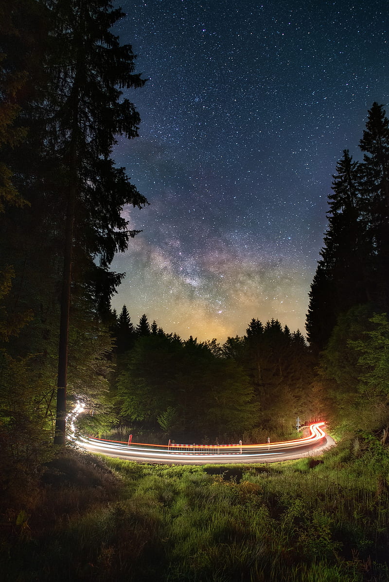 road, long exposure, forest, starry sky, HD phone wallpaper