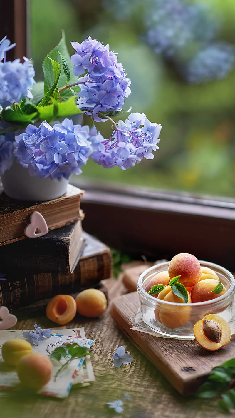 By the window, apricot, decoration, flowers, food, fruits, morning, nature, purple, HD phone wallpaper