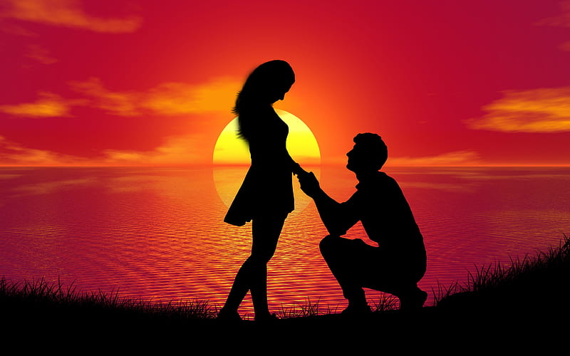 couple, sunset, proposal, silhouette, romance, scenery, seascape, Landscape, HD wallpaper