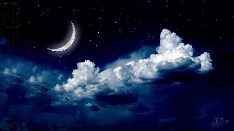 Midnight Crescent Moon, moon, clouds, sky, blue, night, HD wallpaper