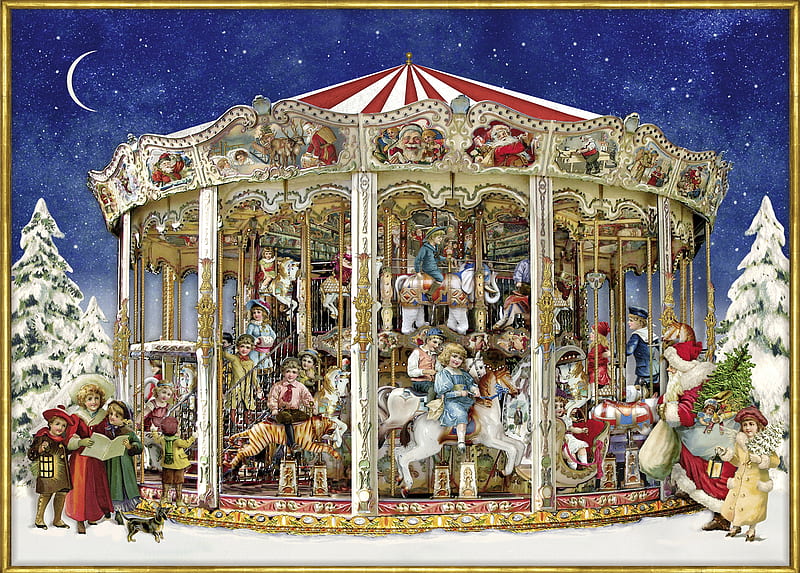 Christmas carousel, art, luminos, craciun, christmas, santa, moon, carousel, painting, pictura, HD wallpaper