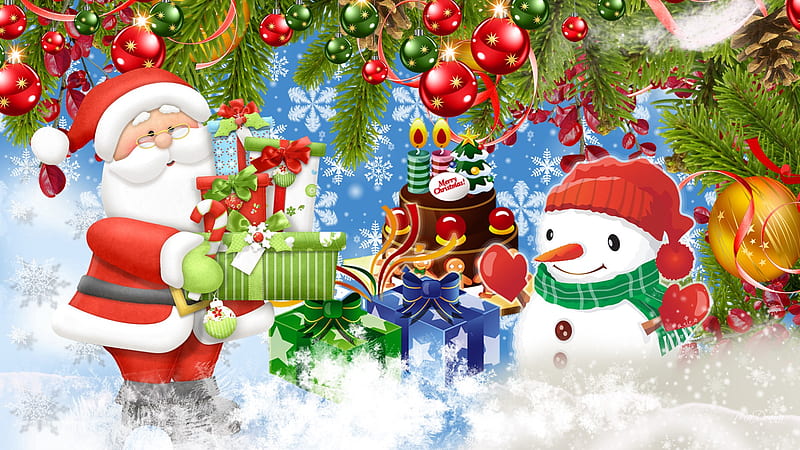 Santa Brings Gifts, firefox persona, st nicholas, saint nick, santa claus, xmas, pine cones, decorations, feliz navidad, father christmas, christmas, snowman, cute, tree, whimsical, snow, presents, gifts, HD wallpaper
