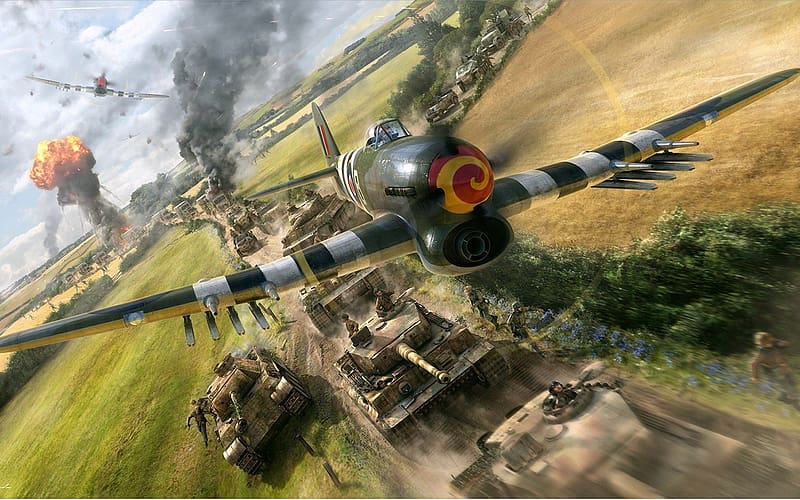 Typhoon Attack, Artwork, World War Two Aircraft, Art, Hawker Typhoon, World War Two, HD wallpaper
